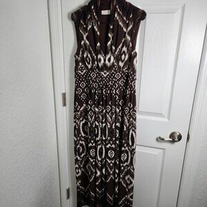 Chicos Liquid Knit Maxi Dress 1 Brown Ikat Sleeveless Packable Slinky Comfort